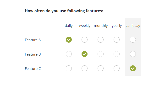 Multiple Choice Grid (Single Answer)